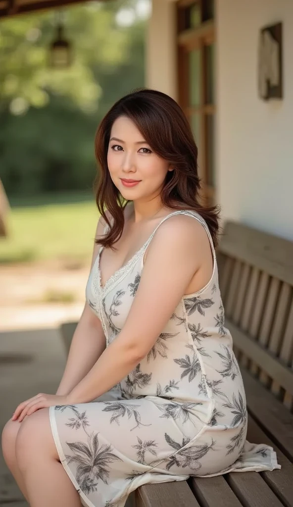 最high quality, In 8K, Masseter muscle area, Lifelike, Sharp focus, high quality, High resolution, Detailed face, Detailed eyes, Thick lips, (Look at the viewers), solo, Middle-aged women, Beautiful woman, 55 years old, plum, Beautifully styled hair, Cleavage, Brightly colored patterned dress, Afternoon in front of the park garden