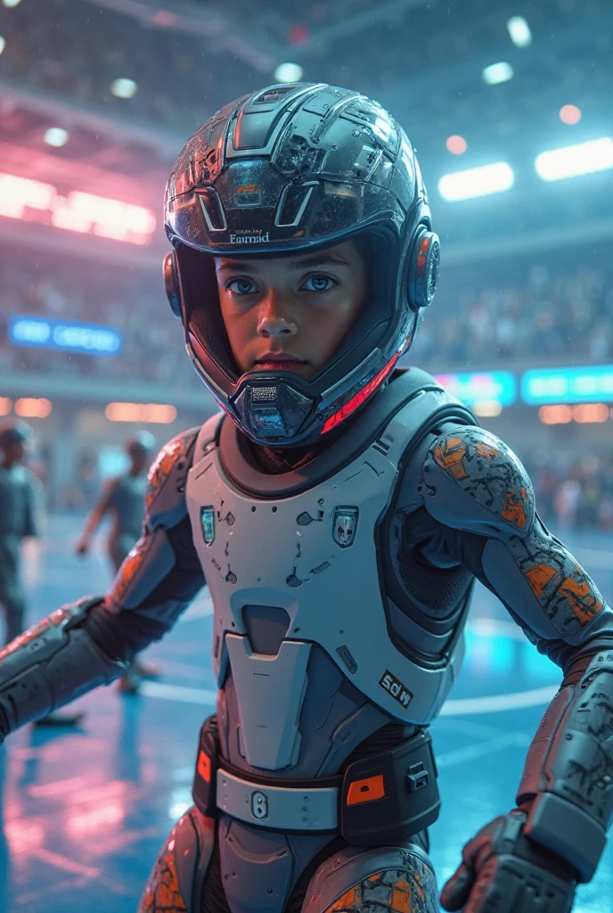 A boy in blue armor with plasma knife on his elbows with his one eye helmet that glows blue and with a helmet and he broke his arm
