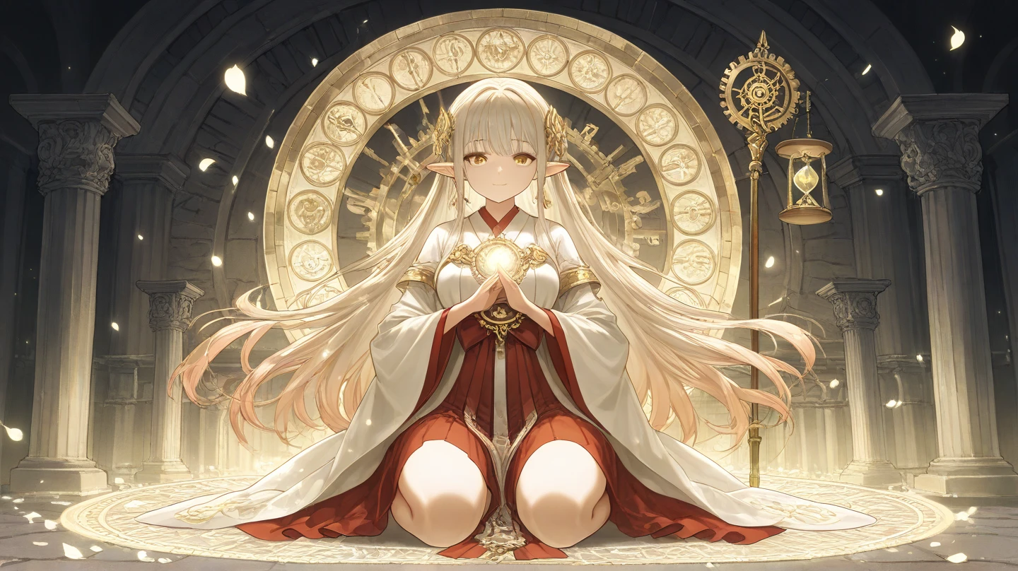 (((mama:1.1,White hair))),(thick thighs:0.9),(huge breasts:1.2),(embarrassing:1.3,smile:0.9),(Sitting with legs crossed:1.1),(ecstasy:1.2),(relax:1.1),(tears:1.1),(lace panties:0.8),(vapor:1.1),(Sweat:1.2),(Long Sleeve),(((red and gold cross:1.3))),((at the Mega Church:1.1, During Mass)).(nun:1.1),masterpiece, highest quality, very detailed, dynamic angle, ((perfect hands)), detailed shiny skin, thin hair, fine eyes,), amazing background, meaningful background, absurd background, artistic overlay, and colorful hair. The style is surrealism, cinematic lighting, ray tracing,sacred light, Surrealism,From below