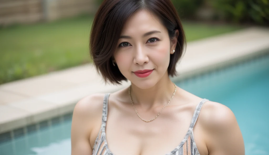 Japanese actress、50 years old、beautiful middle aged woman、(8K, HDR, High resolution), ((((photograph, RAWphotograph, hyper realism, masterpiece, highest quality, ultra High resolution)))), (pin light, Backlight, Backlight, cinematic light), sharp focus:1. 4, (hyper detail, in detail), face close, close, 1 girl, egg shaped face, With big, beautiful cat-like eyes, cute button nose, small and quite plump lips, Long and beautiful eyelashes. The overall makeup is transparent, A touch of pink on the cheeks and sparkling lip gloss. The hairstyle is long with wavy waves.、A seductive gaze、Japan Beautiful Actresses、healthy body、charming、Slightly larger breasts and buttocks、 Clear skies、Light of the sun、Outdoor pool side,Swimwear in small sizes、white bikini、white micro bikini、Sagging bust、cowboy short hair,The beauty of slim abs: 1.3,a seductive look, delicate eyes, double eyelid, smile, Home、sexy pose、Erotic Poses、It feels like he&#39;s clearly inviting me、Pheromones are emitted