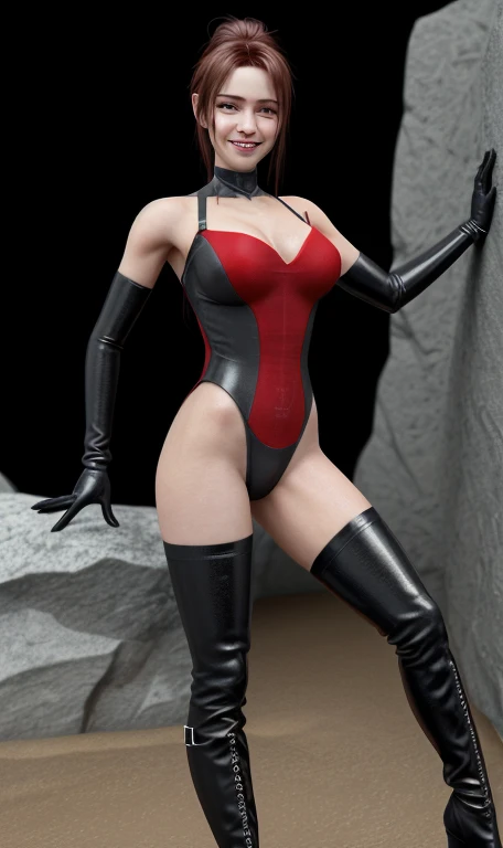 ((Full body photo, standing, feet on the ground)) super girl, heroine, costume, bobcut, black hair with red highlights, submissive, slave collar, tied up with rope, captured, bondage, restrained, in an alley way, hands behind back, surrounded by bad guys