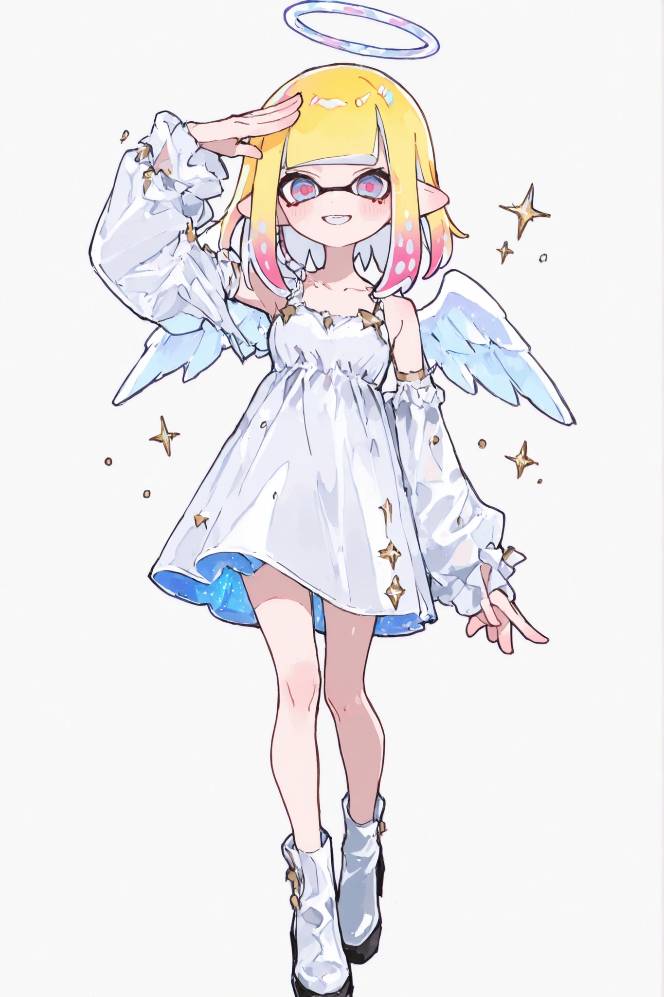 ((masterpiece))((Highest quality))girl、smile、blush、Flat Chest、Are thin、、low length、Blonde、Long twin tails、Embarrassed、Are standing、Angel clothes、Whole body image、Even your toes are visible、Eye level on face、front、No background、mayonnaise、真frontのアングル