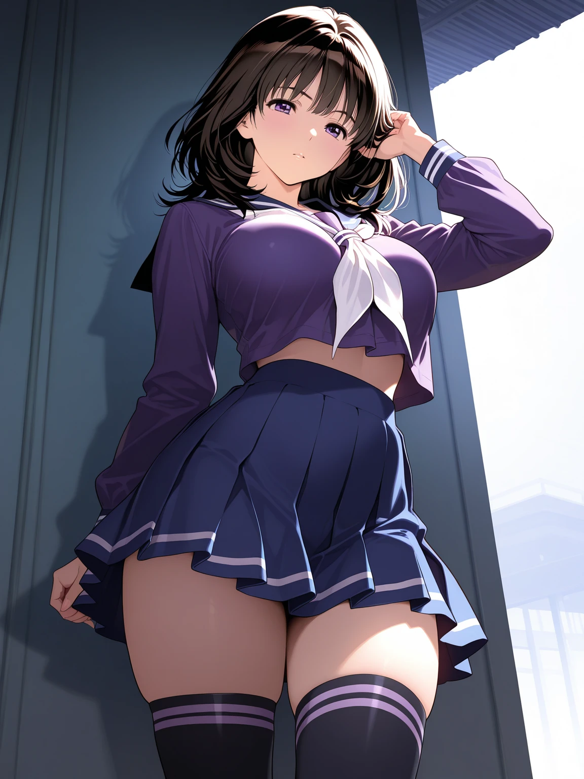 Product quality, ((1girl in)), Full body shot, (low angles:1.2), a Japanese young pretty woman, hyper pretty face, (Brown hair shorthair), Blushing cheeks, Glossy lips, Glamorous figure, ((Blue checked pleated skirt, neck tie)), (private school uniform), ((Black stockings)), Seductive Posing, Double eyelids in both eyes, Natural makeup, long eyelashes, shiny smooth light brown hair, asymmetrical bangs, Tanned skin, Beautiful hair, Beautiful collarbone, Beautiful body, Beautiful chest, beautiful thigh, Beautiful legs, Beautiful fingers, central image, High resolution, high detailing, detailed hairstyle, Detailed face, spectacular movie lighting, Bokeh background, animesque, Perfect limbs, Perfect Anatomy, tre anatomically correct,