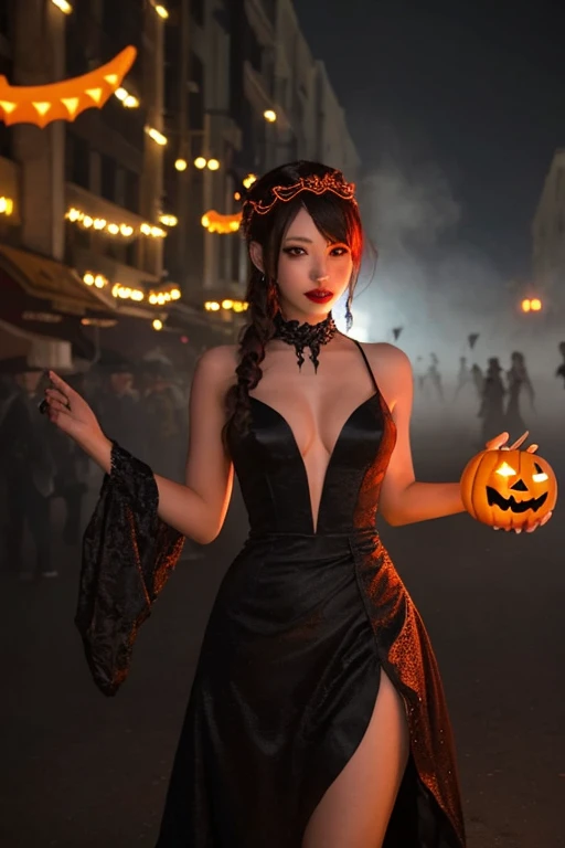 finest image, (8k, RAW photo, realistic), detailed and delicate depiction and flashy and dynamic painting method, It's time for the Halloween party to begin, Everyone gather around, Trick or Treat!, background View of the city from above, scattered confetti and iridescent golden particles, fantasy