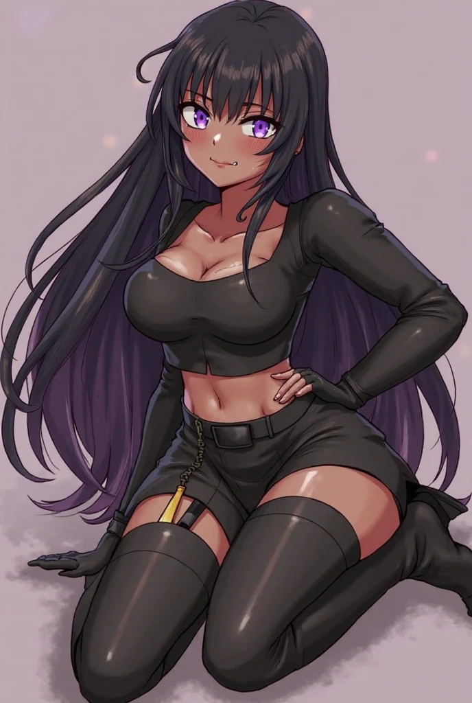 hot girl, beautiful long black hair, bright yellow eyes, black bikini, big but medium breasts, a black jacket no panties and long black transparent socks, wolf ears, blush