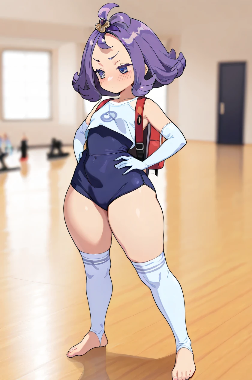 a full body girl, (Acerola, pokemon), blue swimsuit, Gloves, elbow Gloves, is wearing a red Japanese school backpack, (heavenly eyes, short purple hair), source_anime, ((masterpiece)), ( charming beauty , blush, pretty girl Tsundere, voluptuous body, she is very small, small girl , perfect attractive curvy cuerpo, voluptuous hips, very wide hips, thick and wide thighs ), (Sleeveless Short T-shirt, thigh-high socks), gymnast, barefoot, training, yoga, fitness, (Background of a bedroom, blurred background), 4K resolution photo , best quality, amazing quality, very aesthetic, absurdres, HDR-10, ultra high definition, ISO 3200k , hands on hips