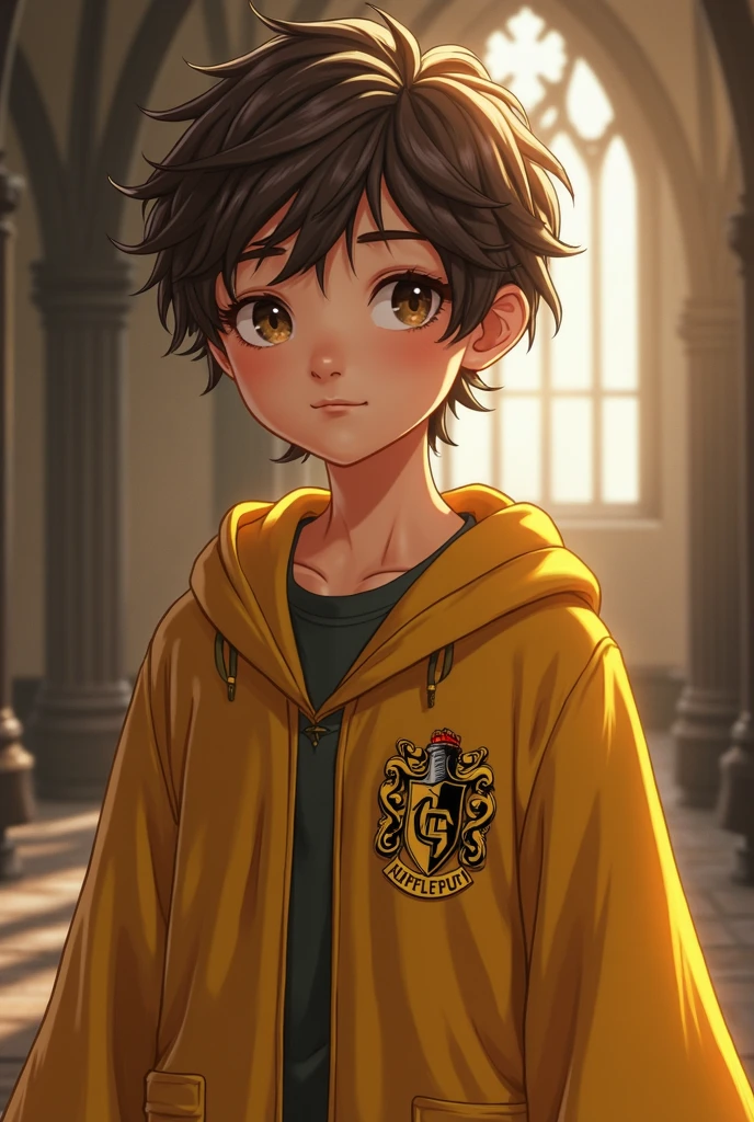 Generate a dark fantasy, 11yers old neville longbottom, Puffy cheeks yong, cute, fatface, bobhaircut, shorthair, straight hair, hufflepuff cosplay,