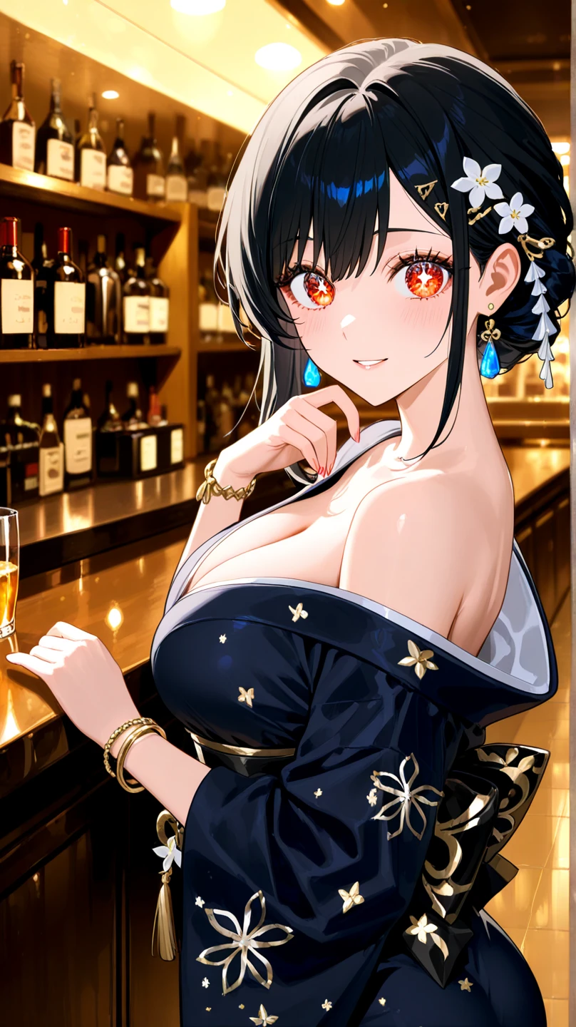 (best quality,4k,highres,masterpiece:1.2),ultra-detailed,realistic:1.37,bar scene,tokyo izakaya scene,anime scene,sitting in a bar,sitting at a bar,sitting alone at a bar,drinking at a bar,bar interior,background counter,Madhouse Studio anime style,crowded bar,anime characters,neon lights, costumes,cartoonish,fun and lively atmosphere,Japanese bar setting,wooden bar counter,blurred background,blue color tones,dark ambiance,beautifully lit,reflection on the bar counter,vibrant colors,colourful cocktails,misty atmosphere