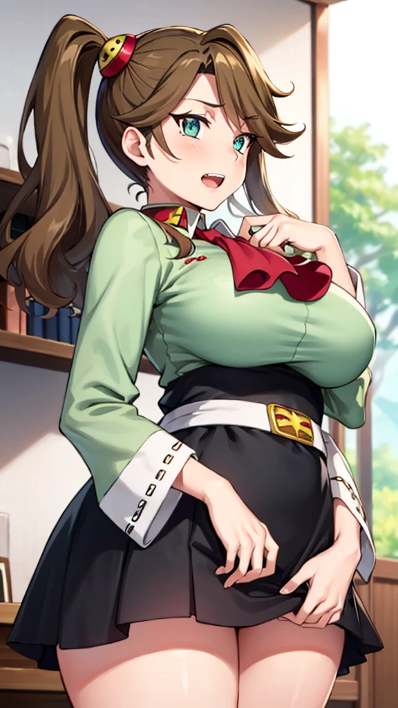 Highest quality, masterpiece, High resolution, alone, (Change 2_Fleet Collection:1.15), (Brown Hair), 髪band, headgear, Non-traditional_Shrine maiden, smile, green_eye, smile, One Girl, green_skirt, Plaid, Plaid_skirt, ribbon-trimmed_sleeve, ribbon_trim, skirt, (indoor, office, living room), alone, smile, Looking at the audience,
Structure of the film, Contrasting,Large Breasts,Full Bust,thin,Firm stomach,(Huge breasts),(Broad breasts:1.3),(Full Bust),Big Breasts, Round Breasts ,athlete's chest,thin, (Curvaceous physique) ,Skinny body ,(Firm stomach)
breathe,Sweat,Wet,Grin,Red nose, Heart-shaped pupils, I was annoyed.
