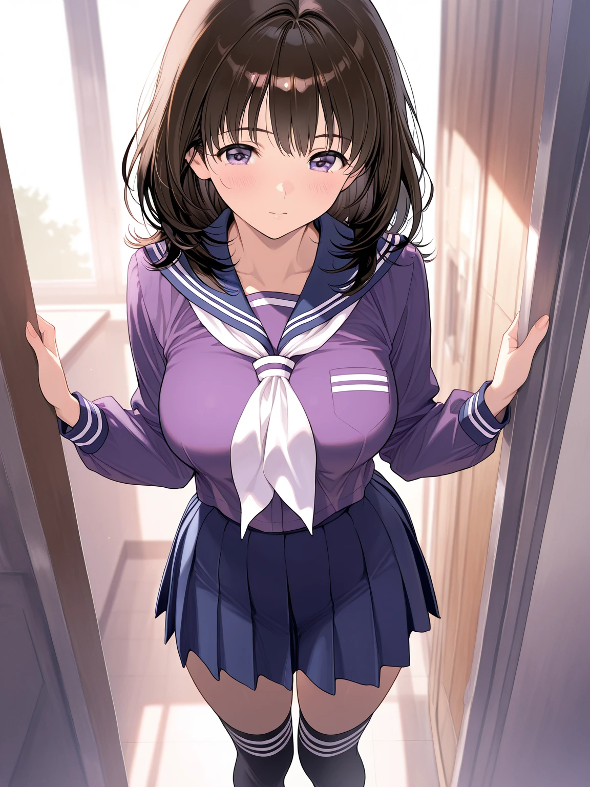 (nsfw),(high resolution),(high resolution),(High definition),(8K),yoshizuki_iori、School_uniform_Purple_shirt_Blue_skirt_White_neckerchief_Black_thighhighs、1 Girl、Pink Panties、In the school hallway、squat、Medium breast、front、Nipples fully visible、peace sign、smile、