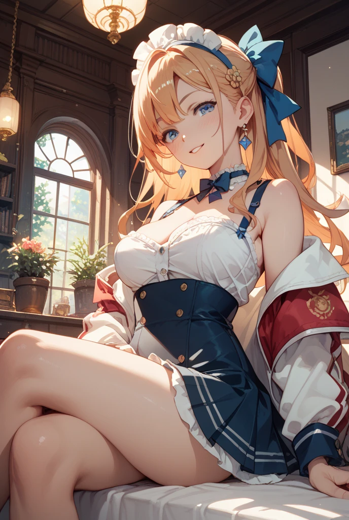 masterpiece、high-level image quality、photographrealistic、Longhaire、Big Breast、Large breasts、I can see the cleavage、Brown eyes、shiny blonde hair、Blue Wizard Outfit、sexy smiling、Painting from the front、The wind is blowing、Inside a Western castle、Red ribbons