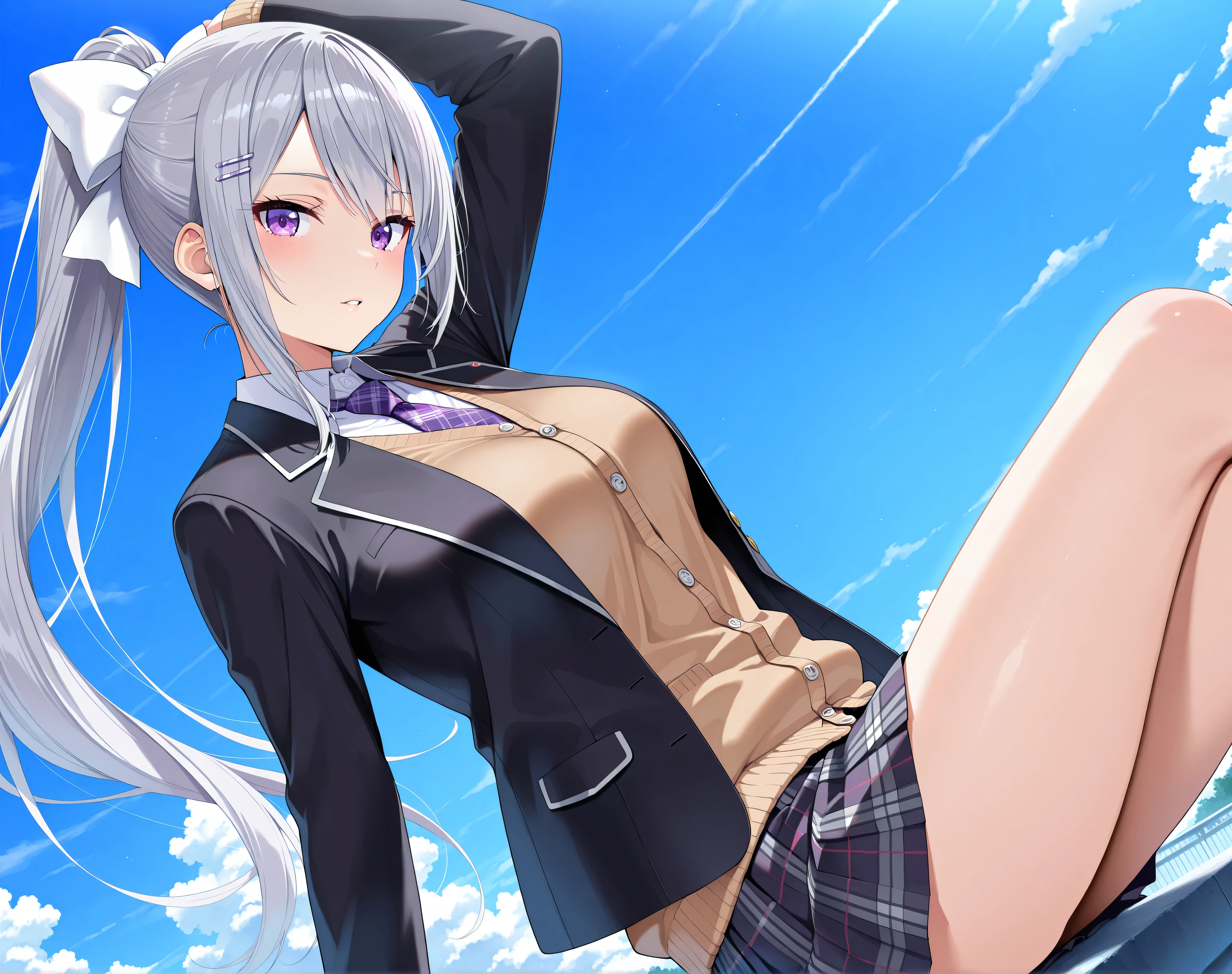 (masterpiece, highest quality), (Perfect athletic body: 1.2), (Detailed Hair), , watercolor, Big breasted, Very detailed, Anime Style, masterpiece, White shirt, Blue tie, Exposing shoulders, The sleeves are separated, Evil Smiley Face, Iris, 1 girl,
