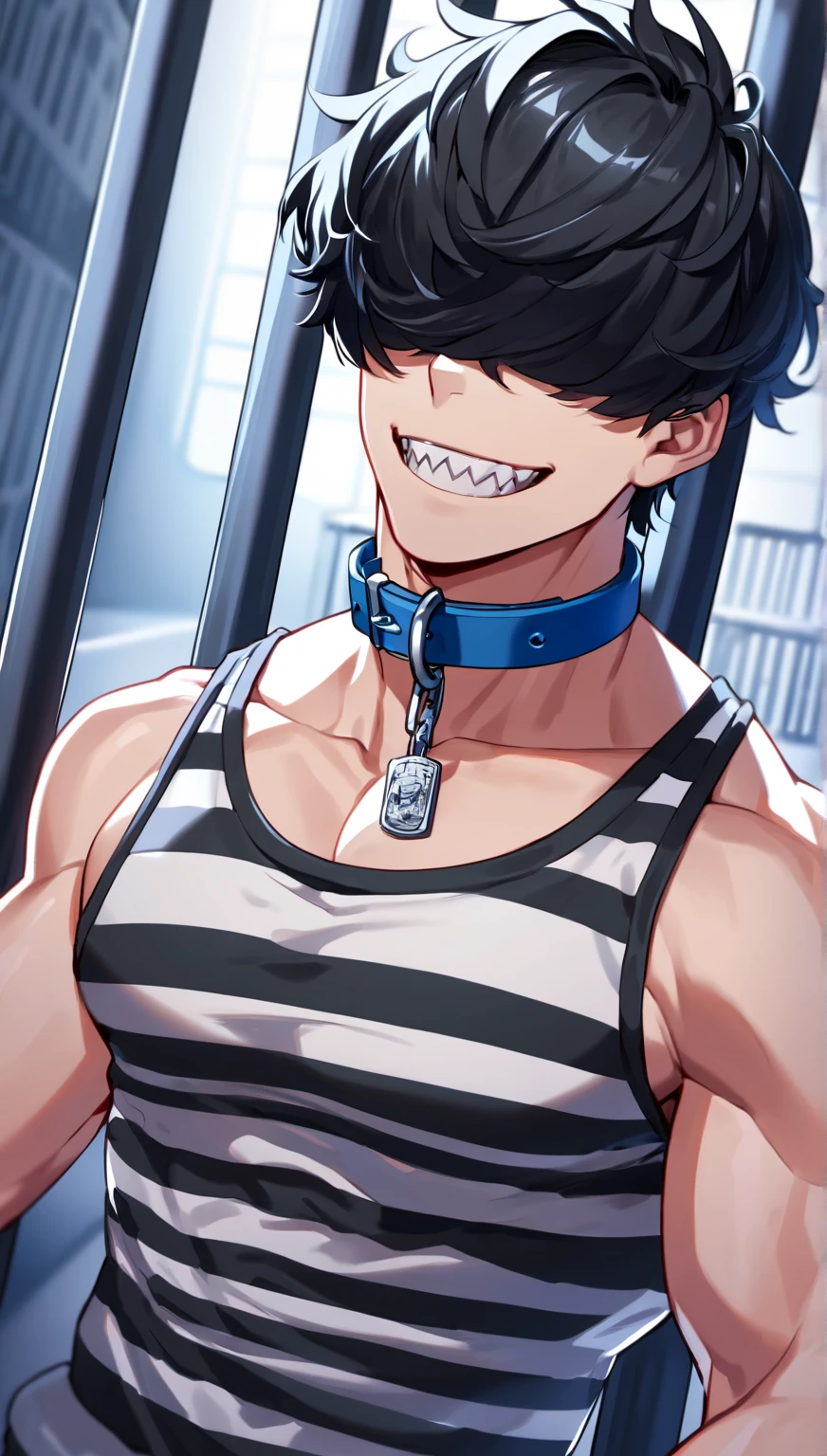 Human Male Adolescent , Brown short hair, wearing red shirt, ((wearing big Collar )) ,half body ,fangs ,Smile , white pants , Chains