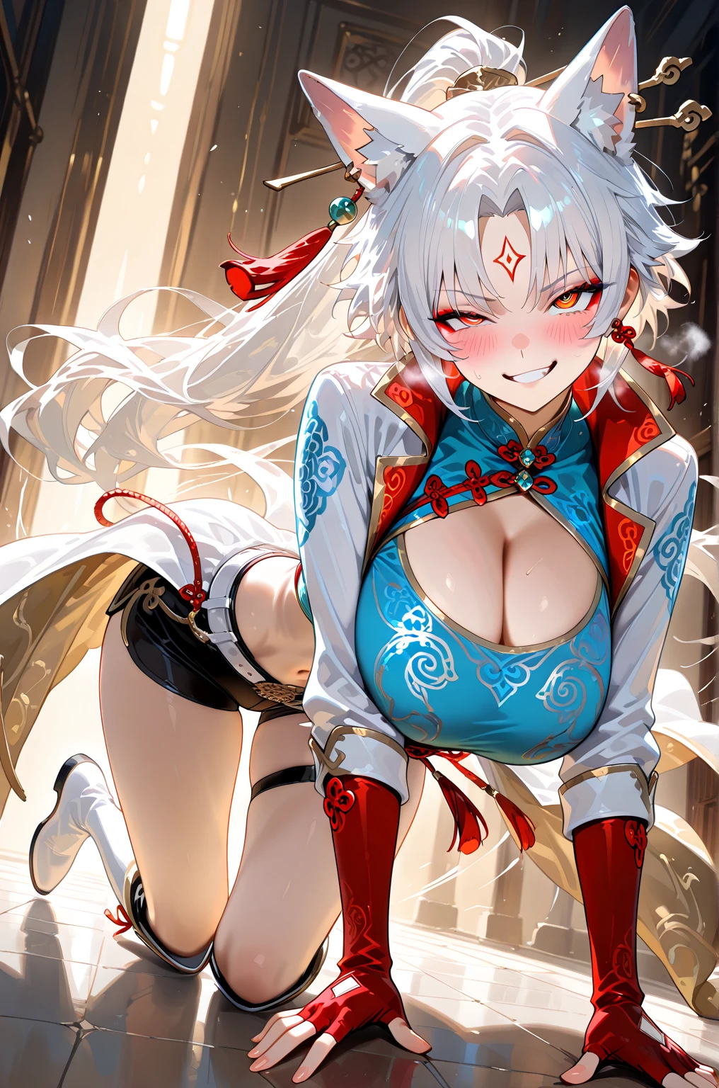 (paysage Azur Lane), (Detailed eyes and face:1.3), (Very elegant and beautiful:1.1), (Perfect detail:1.1), (Sexy pose、From the knee up、Large Breasts), ((Top of the character)), Shoukaku, Azur Lane, Gray Hair, Long Hair, Ons Side Hair Ornament, blue eyes, kimono, heart, ability,Fingerless gloves