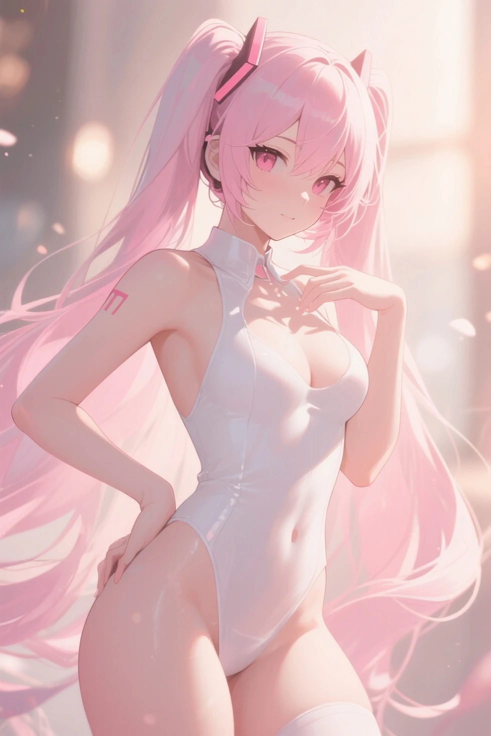 Perfect human body modeling, 1girl, small breasts, beautiful girl, cute girl and idol face, young face, smile, Beautiful long pink hair, twintails, Beautiful shining red eyes, white skin, Short body, 2B, Nier automate dressing in costume, esp. as a manga character, etc