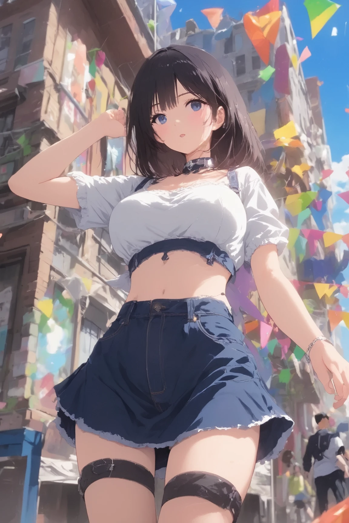 kurohime yuhi, (obra maestra:1.2), (La mejor calidad en el mejor de los casos.:1.2), ojos perfectos, es la cara perfecta, 1 chica, Alone, pelo lacio,vista de cuerpo completo, Hi-Nada, 8K, mejor calidad, pechos grandes,hermosa chica,hermoso rostro、Dark brown hair、small brown eyes、pelo largo、14 years,pose sexy,short skirt and croptop without bra underneath