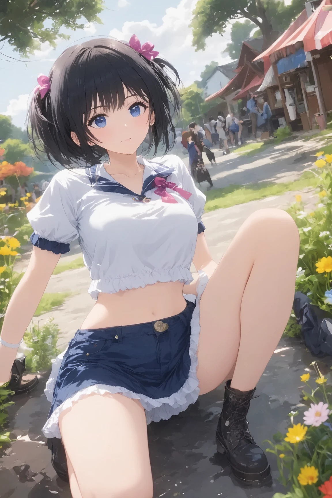 very cute and beautiful girl,(Very detailed美しい顔),White camisole,Sitting,(Spread your legs,Lacy white panties)
break (smile:1.2),Happy,View your viewers,(Pleated blue mini skirt:1.15),
countryside,grassland,top of the hill,Small colorful flowers,Wooden fence,Detailed landscape,Black Hair,Twin Blade,
(Highest quality,masterpiece:1.0),Absurd,High resolution,Super detailed,Very detailed,32k,8K resolution,
Intricate details,Movie Scenes,Detailed Background,alone,Dynamic Angle,Beautifully detailed skies,