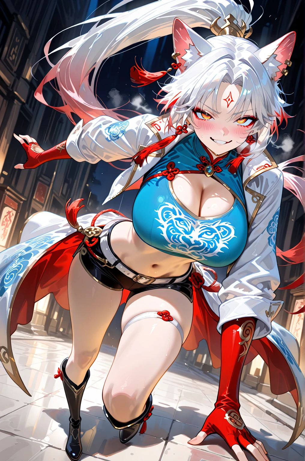 Please follow the all prompts below exactly and faithfully, This is a breathtaking masterpiece of digital illustration, with maximum resolution, UHD, 512K, 2160p, 10 million ppi, 300 million dpi, natural color tones, ultra sharp details, perfect outlines with contrast, ((smooth, soft and clearly and most realistic skin and hair texture)), most beautiful detailed eye features, perfect anatomically correct human body, beautiful background with depth, rule of thirds, depth of field, Maximize all element is used to its full potential to create the best digital illustrations, 1woman, sexy:1.5, beautiful face sharp, elegant woman, perfect body style, slender, beautiful big breasts, green eyes, blonde hair, hair over one eye, short hair, glossy very thick lips:0.7, pink lipstick:0.7, smile:1.5, Chinese dance costume with vibrant colors and intricate patterns, featuring a flowing skirt, embroidered phoenix designs, silver accents, long silk sleeves, traditional Chinese motifs, elegant draping, colorful sashes, ornate headpiece, delicate lace, shimmering sequins, layered textures, and graceful silhouette.