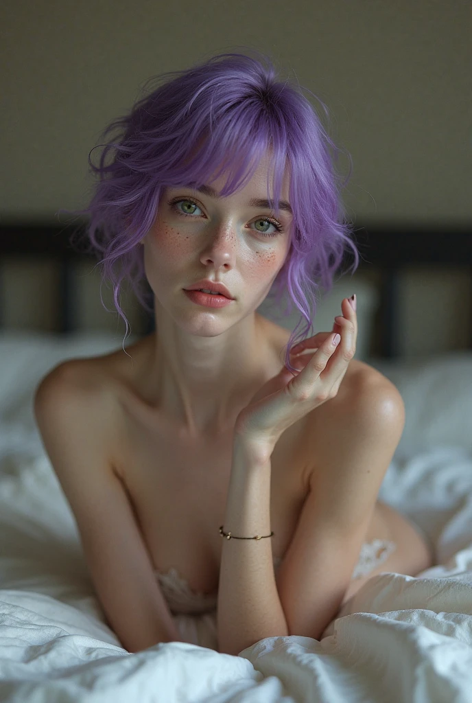 realistic photo, 25 year old arabic japanese woman, nude, lying on bed with legs spread, green eyes, purple hair, space buns, panda pendant choker, detailed face and body, natural lighting, high resolution, photorealistic, (best quality,8k,highres,masterpiece:1.2),ultra-detailed,(realistic,photorealistic,photo-realistic:1.37),realistic skin texture,detailed eyes and lips,beautiful detailed face,long eyelashes,smooth skin,natural body shape