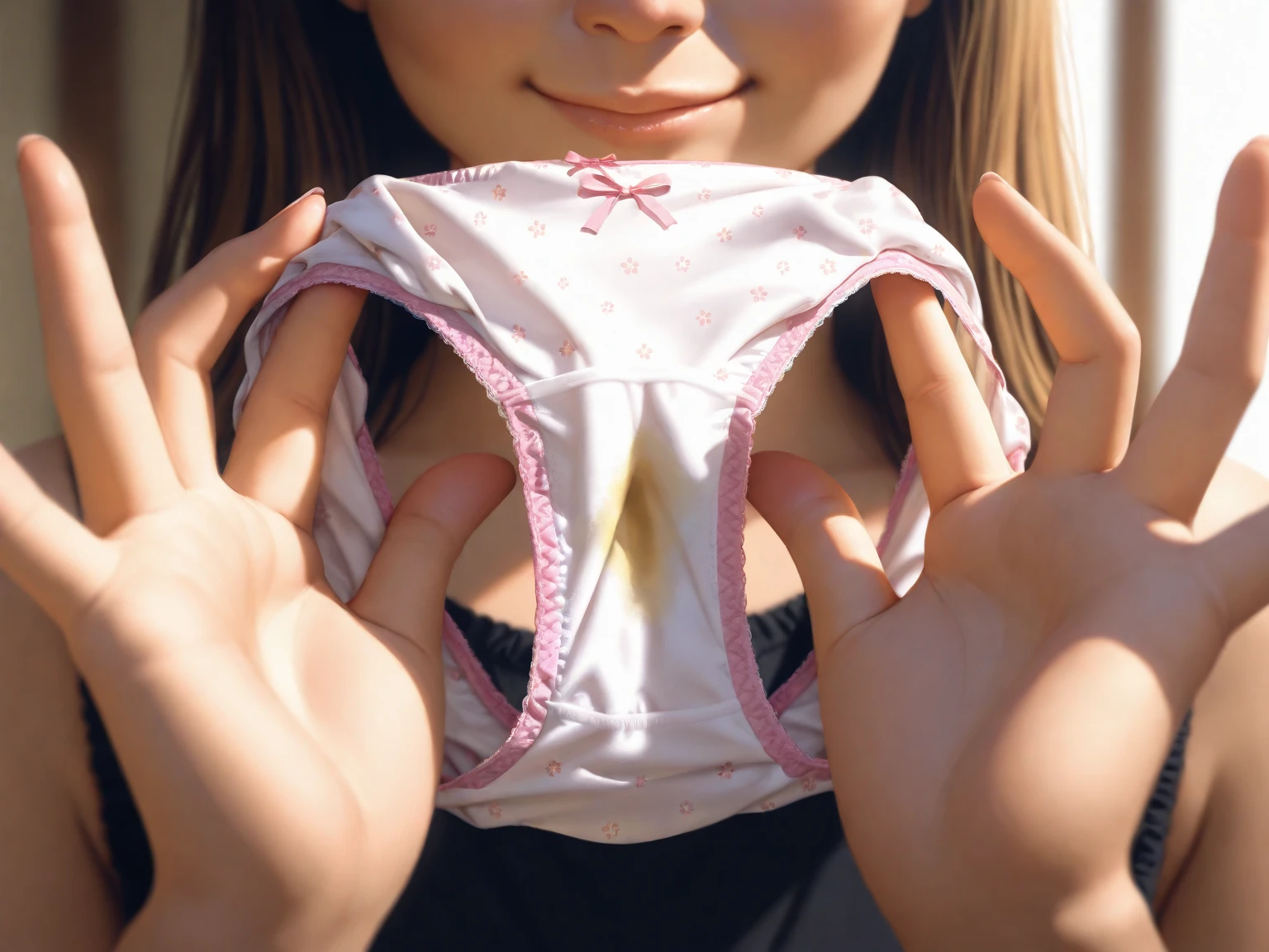 1 girl, full body portrait shot, standing , pink panties, perfect anatomy, beautiful body, beautiful legs, beautiful arms, beautiful neck, arms behind back 
