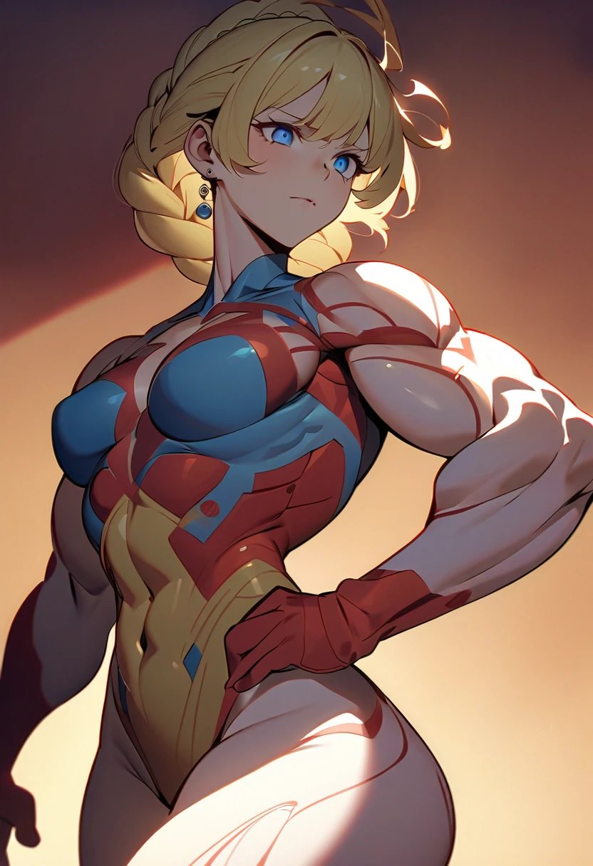 muscle woman with blond hair flexing muscles wearing silver superhero outfit, muscle woman, big muscles, huge muscles, massive muscles, mature woman