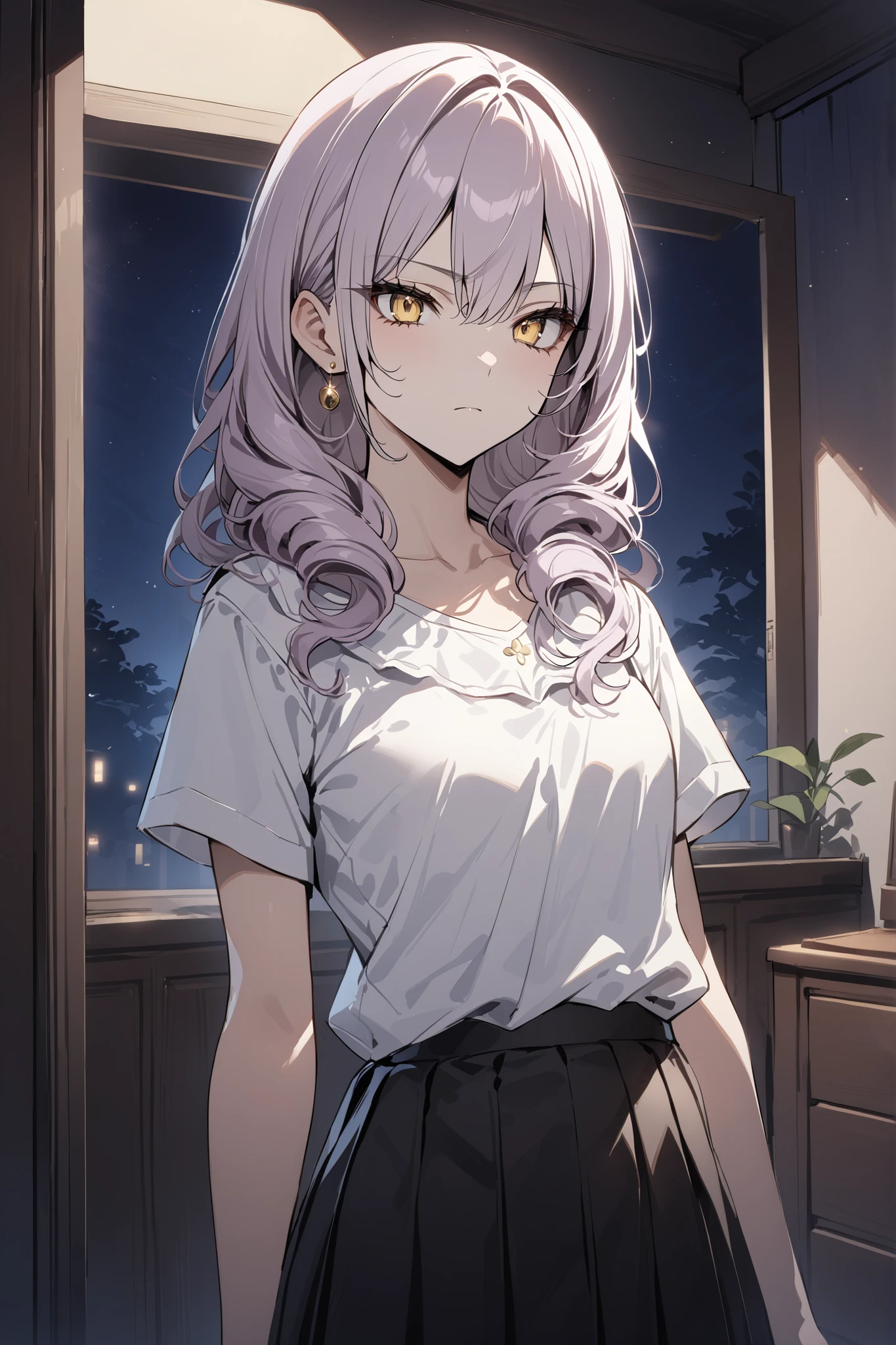 ((masterpiece,Highest Quality:1.2)),(soro),night,Slender, slender high school girl standing in her room, light purple long curly hair ,Perfect yellow eyes, tree eyes ,serious expressionless,white school short sleeve blouse,(Black Pleated Skirt),Gold Earrings