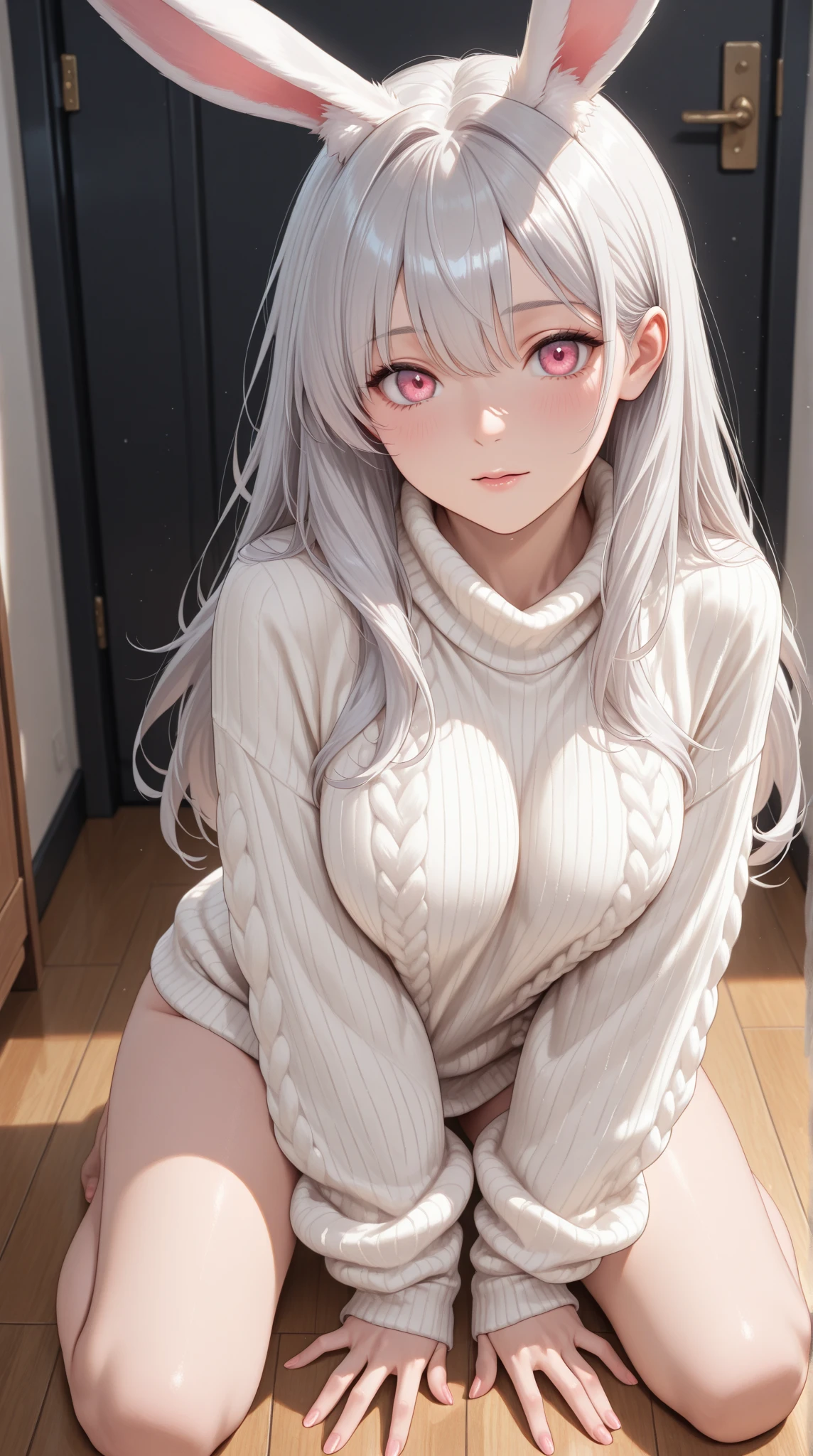 Korean Girls,cat clothes, cat ears, cat tail,big white t-shirt, Without pants,Spread your legs,Nipples stick out a lot, sexy 몸매 ,silver hair, long hair, earring,Naughty expression, sexy