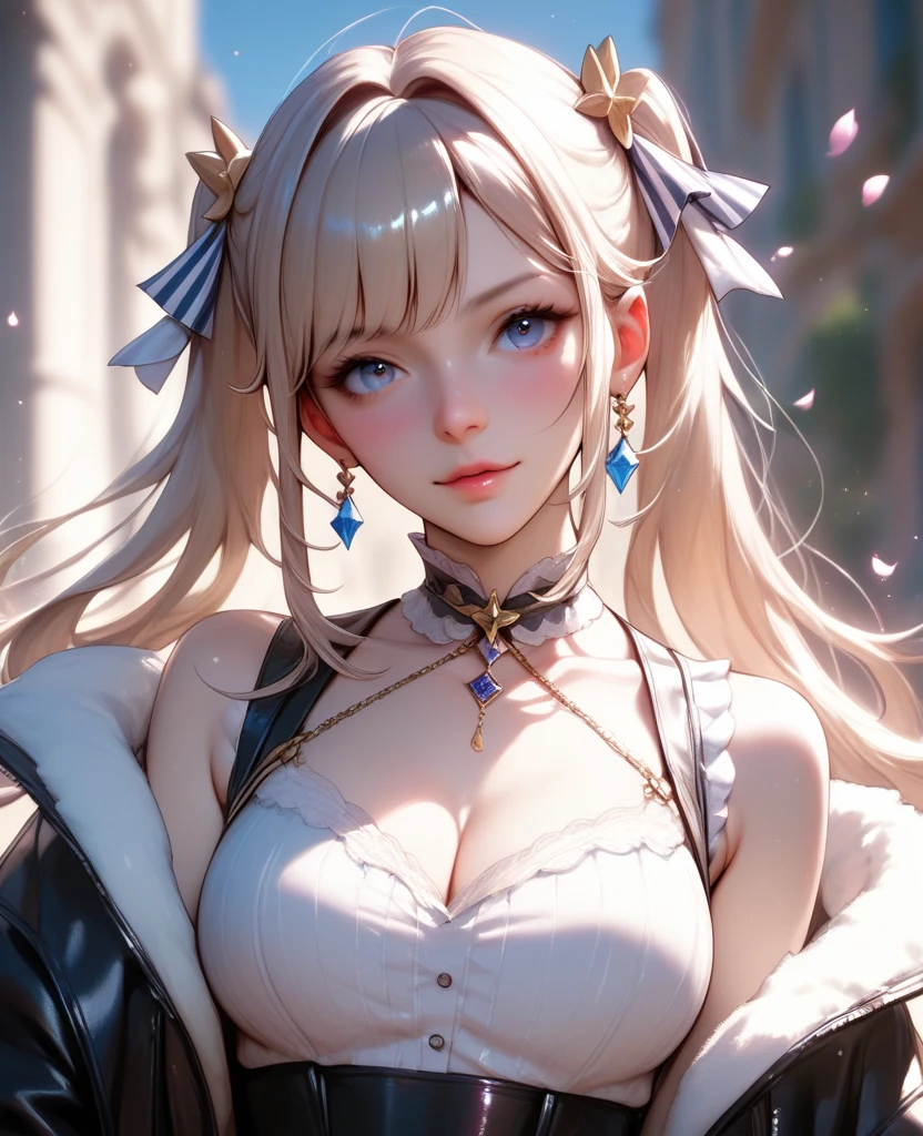 (8k, masterpiece), ultra high resolution, (realistic, photo-realistic), Marie Antoinette, maid costume, giving a cute and sexy smile, in magical fantasy city, dynamic lights, delicate face, detailed skin, realistic skin details, visible pores,