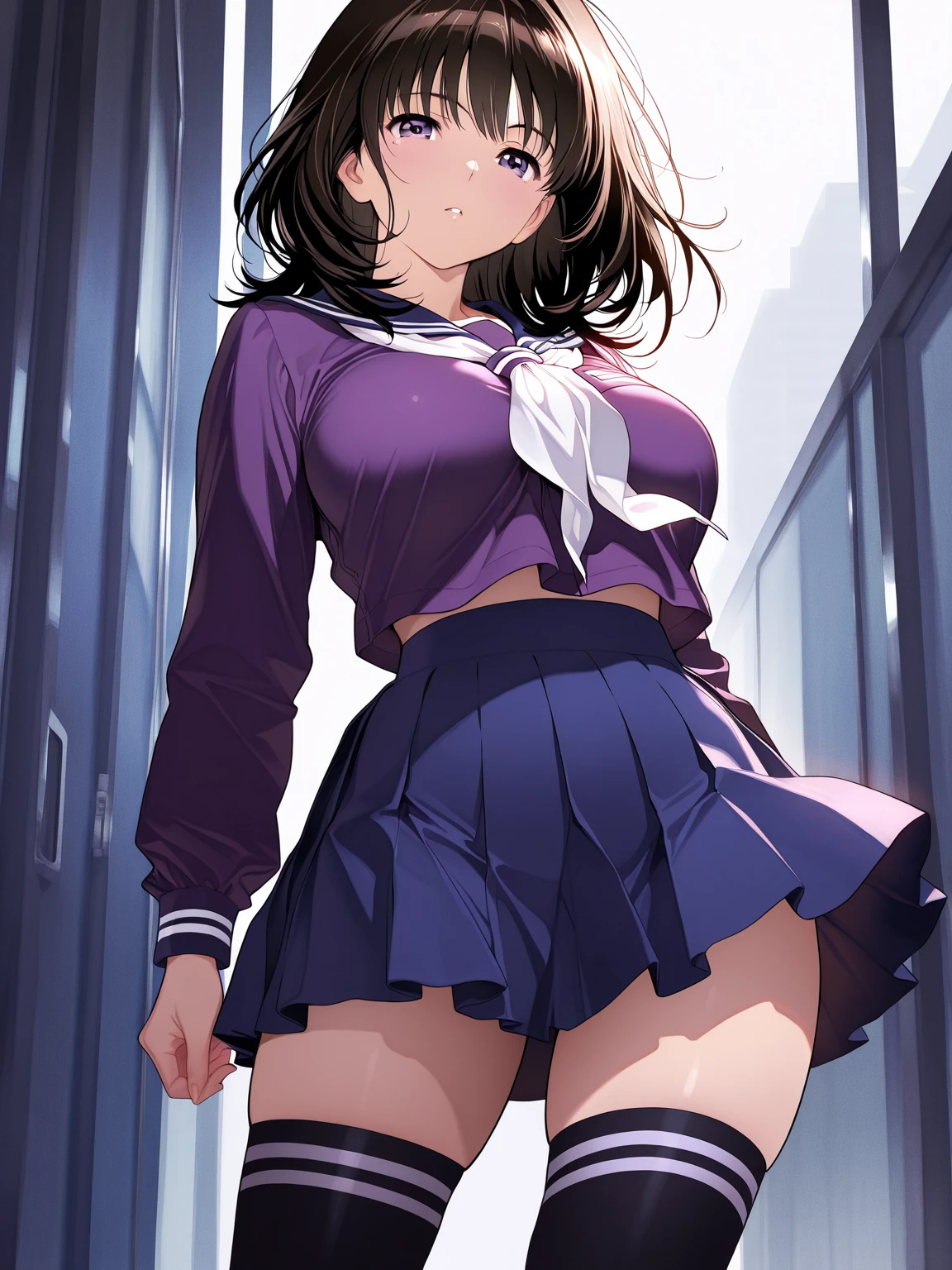 (((masterpiece, Highest quality, High resolution, 超High resolution, Pixel perfect, Written boundary depth, 4K, RTTX10.0))), Beautiful Anime Woman, Beautiful art style, Anime characters, ((Smooth texture, Realistic texture, Anime CG style)), Exact finger count、Exact number of legs、(Exact number of arms:1.0, Exact number of hands:1.0), (Perfect hands, Perfect Anatomy), Cinematic, Realistic, Highly detailed CG, Daytime lighting, Perfect lighting, Best Shadow, The best natural light, whole body, Perfect body, (Slender body:1.2), whole body, ((bangs, Dark brown hair, Stylish and cute bob cut)), ((Cute woman shows off panties in her hands:1.3)), (Fashionable white shirt, Sailor collar, Knee-high socks, loafers, Navy pleated mini skirt:1.3), ((Sexy and cute panties, (Stylish shiny satin pink panties:1.2), Side tie panties, Small lace panties:1):1.3), (Beautiful and very large breasts:1.1), (Beautiful and thin thighs:1.3), Short torso, Feeling embarrassed, (blush:1.2), (Embarrassed expression:1.4), (In the school classroom:1.3), Angle from the front,(((Sexy see-through lingerie for women,Shiny bodysuit,Smooth and silky clothing,Trimmed combination,Lace Stockings,Erotic leash,pajamas))),