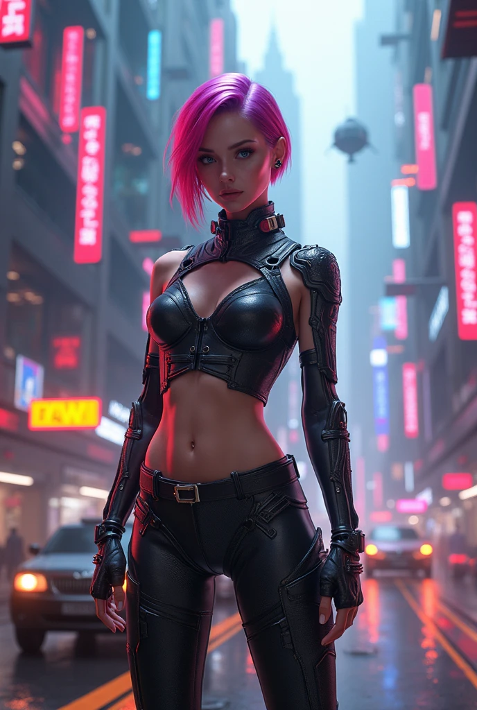 Cinematic scene, hero view, 1girl, action pose, detailed background, masterpiece, best quality, high quality, highres, absurdres, cyberpunk <lora:cyberpunk_xl_v1:1>