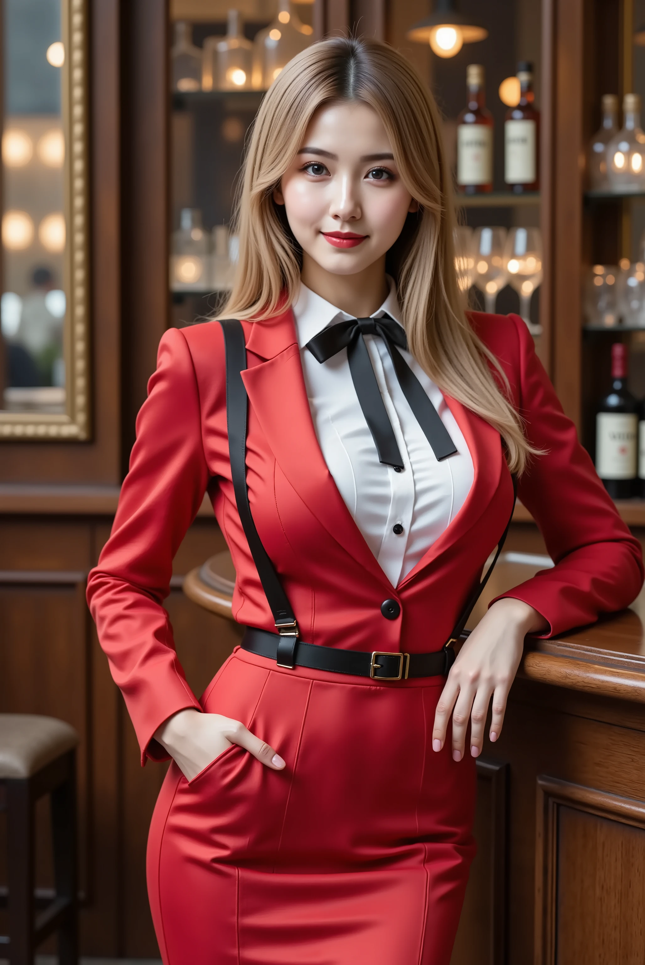 smile, hair styled in aplatinum blonde, gold hair,slender woman with firm, fully packed large breasts creating wide, deep, and boldly emphasized cleavage, wearing a tailored red double-breasted cropped jacket with black satin lapels over a crisp white button-down shirt secured by black suspenders and accented with a black silk bow tie at the collar, paired with a high-waisted red pencil skirt hugging her hips and thighs and ending just above mid-thigh to showcase her long slender legs, standing in an opulent wood-paneled lounge bar interior with polished mahogany floors underfoot and a deep burgundy Persian rug at her feet, her hips rotated three-quarters toward the viewer to dramatize her narrow waist and the taut tension in her slender thighs beneath the skirt, torso twisted slightly to the left with spine gently arched and shoulders rolled back to lift her bust, her right hand pressed flat on the glossy wooden countertop with fingers splayed elegantly and palm firm, her left hand resting on her left hip with elbow bent outward to frame her hourglass figure, legs crossed at the ankles with weight on her back foot and front foot pointed to accentuate the curve of her calves, head tilted down five degrees and rotated right by eight degrees as she gazes at the viewer through lowered lashes with a confident, inviting half-smile revealing a hint of teeth, porcelain skin glowing under the ambient warm glow of antique brass chandeliers overhead and subtle cool rim light from hidden wall sconces outlining her silhouette against mirrored back bar shelves lined with glass decanters and crystal decanters filled with amber spirits, small leather-bound books and aged barware on lower shelves, a vintage brass foot rail beneath the counter catching glints of light, long hair rendered strand by strand realistically cascading past her shoulders in soft waves with individual wisps floating around her face and catching stray highlights, a few loose tendrils brushing her cheeks, smal
