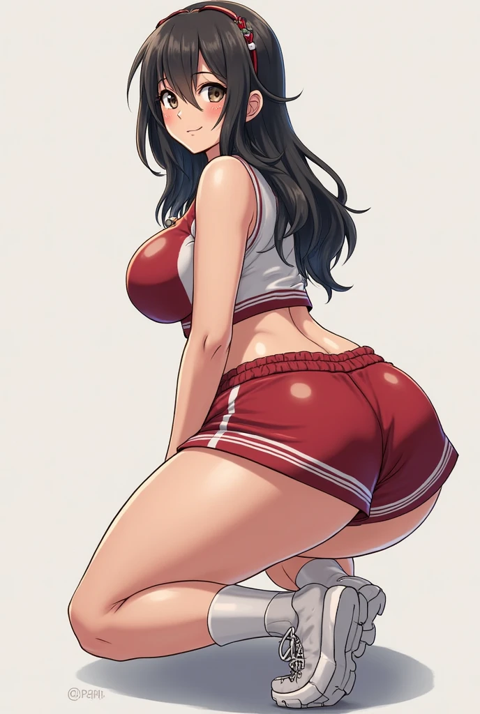 Hot anime girl wearing volley ball short and shirt hook sitting big hips