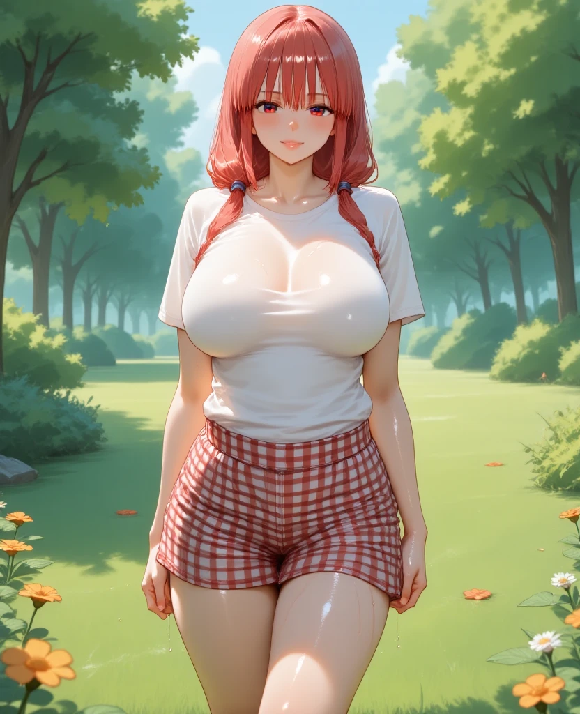 (8k, masterpiece, Best Quality, ultra-detailed, Professional lighting, beautiful detailed faces, bright colors) beautiful chubby woman, naked, red hair tied in a braid, happy smile mouth open tongue out, rolling eyes, wearing glasses, oppai, oppai proportions, golden eyes, whole body visible, tits out, terected nipplesdoor neae, pov, sitting legs spread on grass, open legs spreaded, pussy exposed