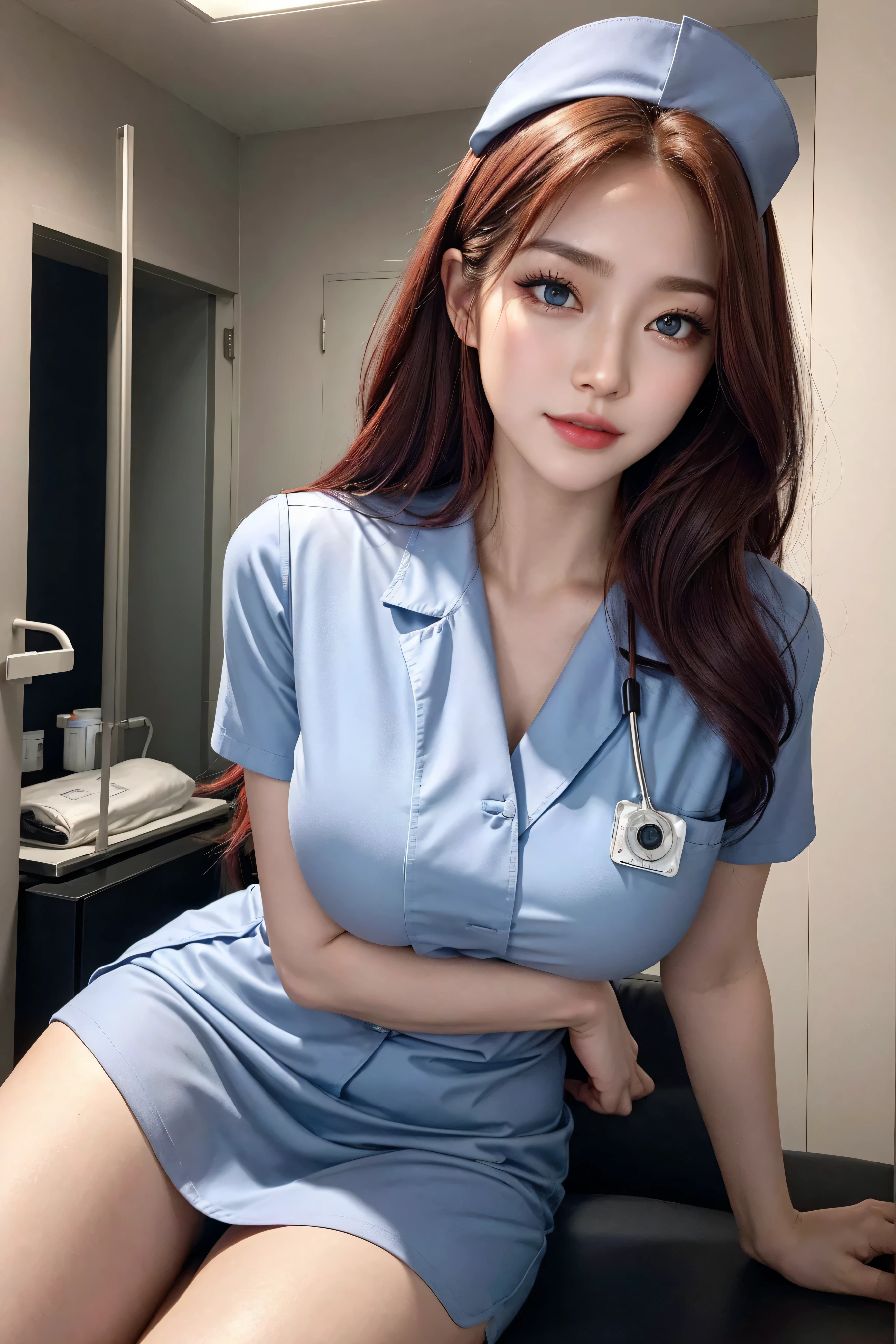 1girl, big breast, white skin, long black hair, korean, young, bright blue eyes, thick eyebrows, smiling, teeth out, small waist, wide thighs, wide thigh gap, perfect hands, perfect fingers, sexy nurse outfit, hospital room, supermodel, posing, nfsw, hyper-realistic, high detail, 8k, masterpiece