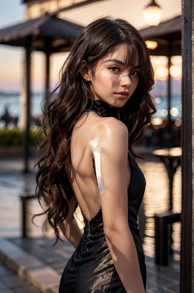 woman,20-year-old,,party venue,night,(((sexy silk dresses))),,open mouth smile((Beautiful ponytail))(),(()),((black hair)),blush、,((())),((turn around and look back))(wet with sweat)Reflecting the buttocks