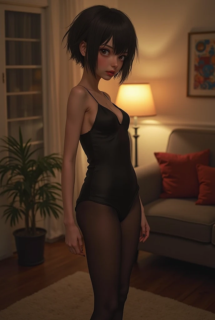 Emma Watson standing in a dimly-lit cigar lounge at sunset, ((naked with thigh high stockings)), perfect legs, shy, embarrassed, ((face blushing)), ((choker)), (worried)