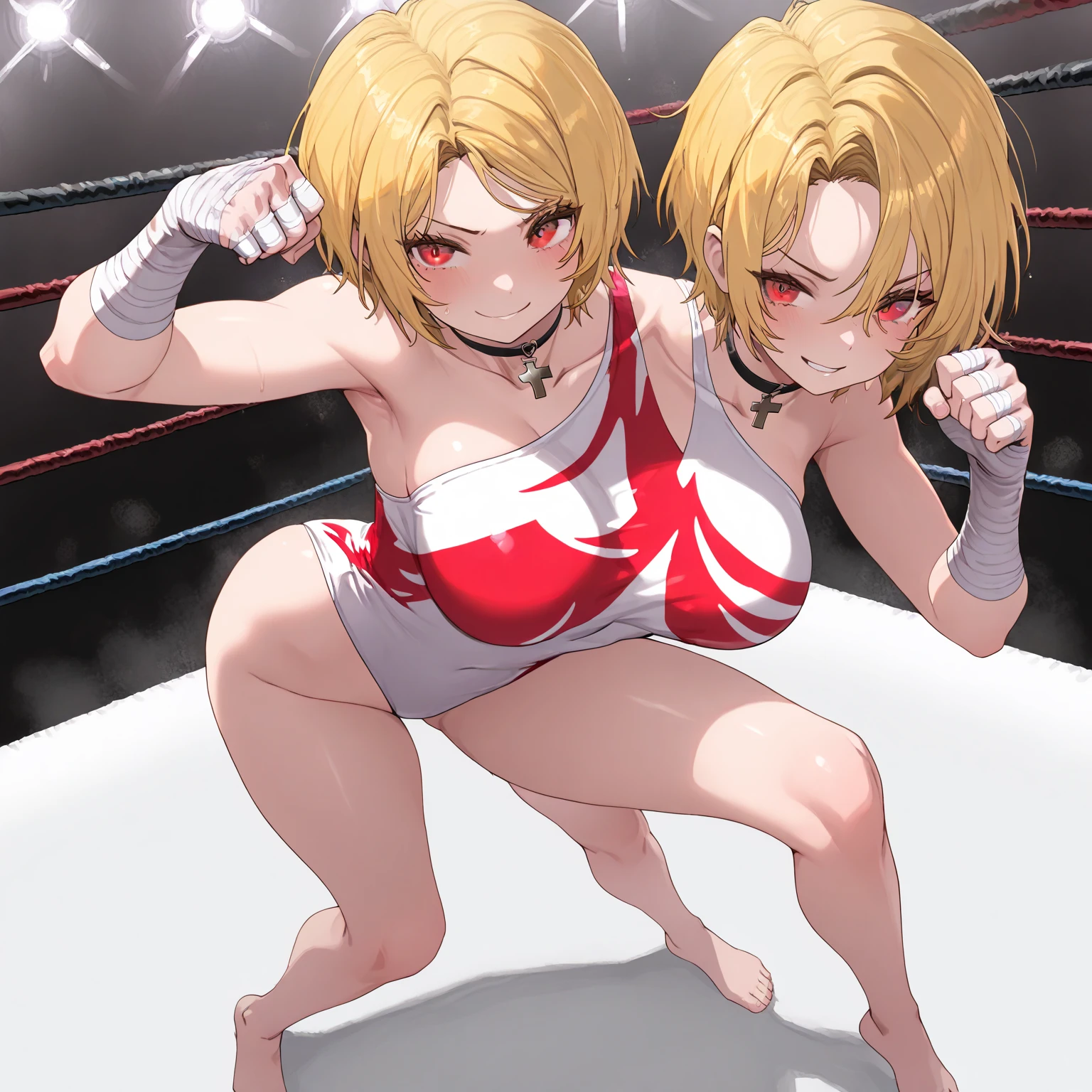 masterpiece, Highest quality, High resolution, One Girl, Hamriz, ponytail, Brown eyes,big , マイクロbikini、Cowboy Shot、Muscular body、blush、Sweat、Composition from the front、anime、(((Light blue bikini、Stand in front、audience、Shaking breasts、 Fully exposed、I-shaped balance、Spread your legs、kick、look forward to)))、((Wrestling Arena)), (Female wrestler), (Slender body, 発Sweat, tired), Mature Woman, Mature Woman, (bikini, Very sophisticated wrestling equipment)