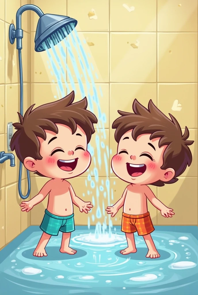 Boys cartoon wasting the water in the shower