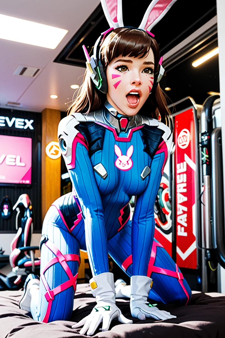 beautiful, Camel toe, maximum resolution, 8k, photorealism, Woman cosplaying DVA from Overwatch, wearing tight clothes and smiling at the camera. high quality, technological setting.