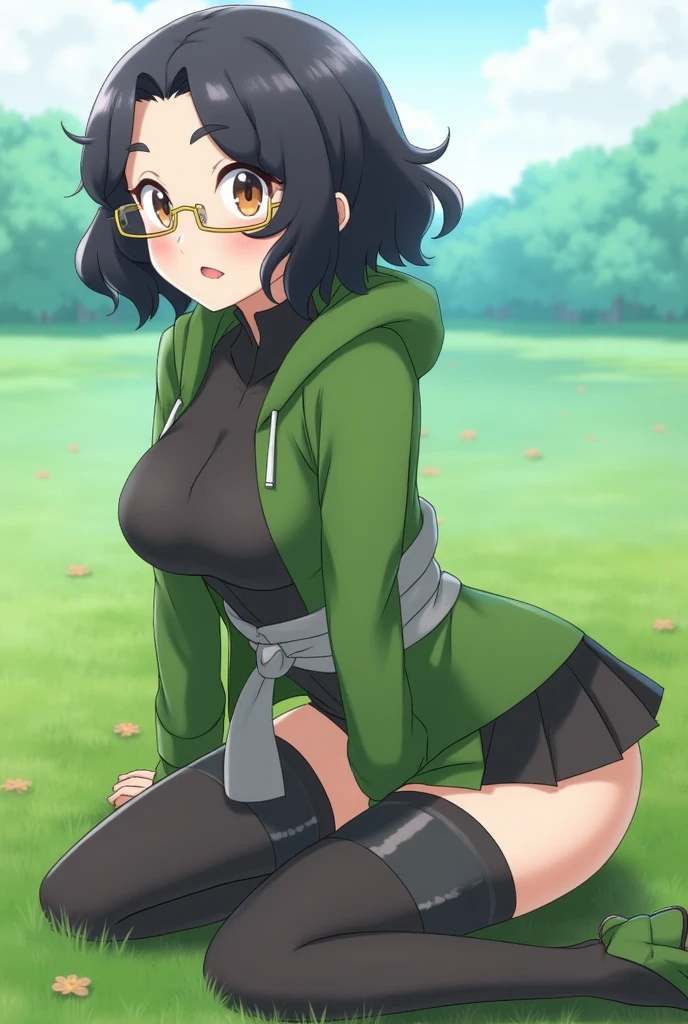 (masterpiece、highest quality、High resolution、realistic pictures、real looking skin:1.1)、
(The woman lifts her skirt and reveals her panties.々I&#39;m showing it to:1.8)、
(standing:1.5)、
(A provocative and grinning expression:1.8),
(She is wearing a dark blue long-sleeved off-the-shoulder knit top:1.8)、
(I&#39;m wearing a gray flared mini skirt:1.8)、
(I am wearing black middle boots.:1.8)、
(The panties are purple and have a pattern on them.:1.5)、akebi komichi
(brown short hair:1.5)、
(The location is the grassy area of the park.:1.5)、
1 Japanese girl、solo、full body esbian、beautiful eyes、shining eyes、Shining thighs、NSFW