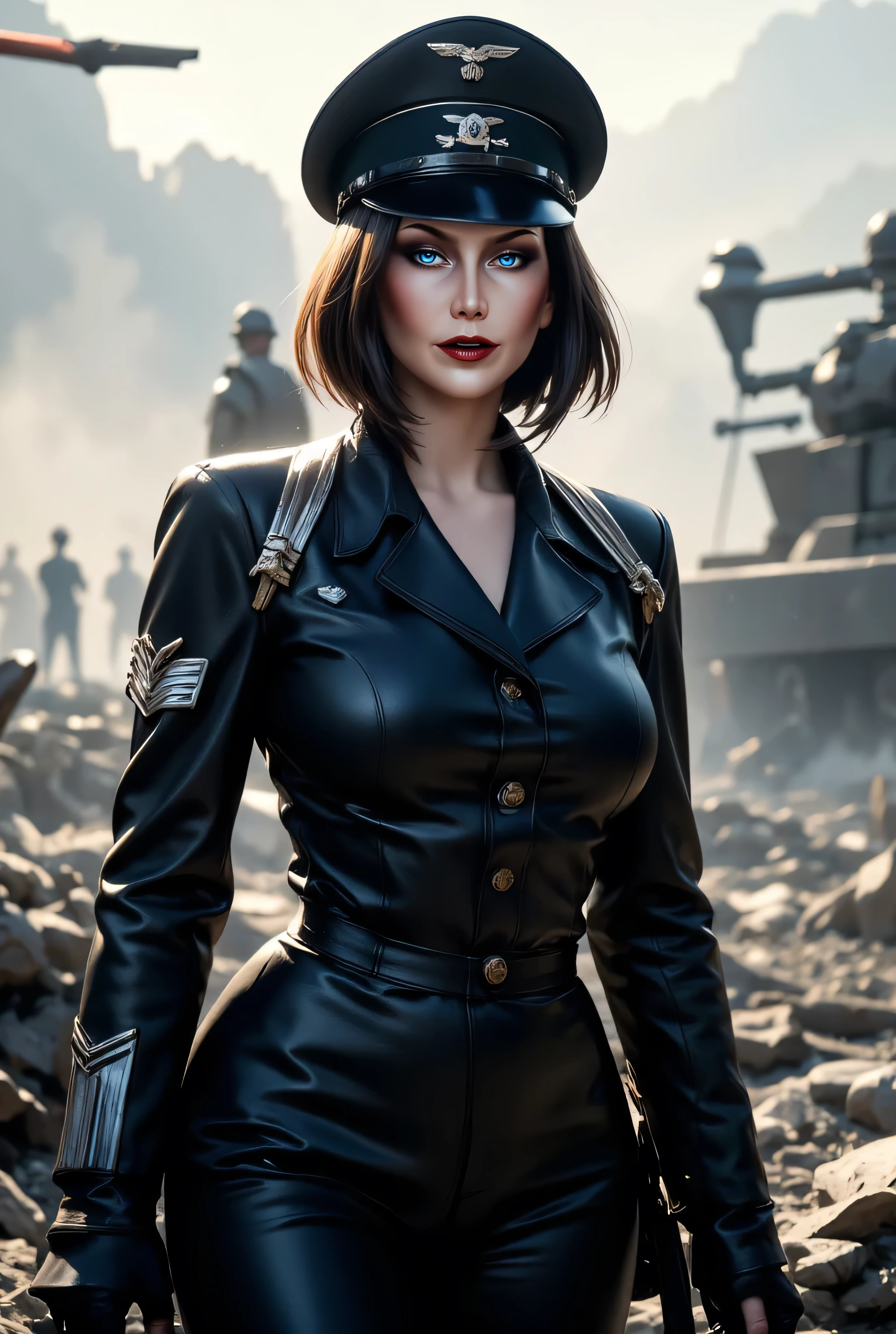 beautiful ((similing)) relytvil posing in (dynamic pose) as a world war 2 diesel punk army officer, black leather uniform with cleavage wearing leather army hat, photo referenced, highest quality, high quality, (detailed face and eyes), dusk lighting,, strong makeup, industrial, outdoor snow forest background   ((close up))   <lora:liv_tyler_relytvil_v1_0:0.9>