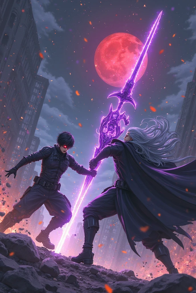 Create a furious fight in an underground facility, Two teenage men with katanas, one with long white hair and purple tips and another muscular boy with short purple hair with black eyes and purple pupils, taller than the other boy in fantasy sword fight there are flashes of power, They both wear futuristic ANIME CYBERPUNK STYLE suits
