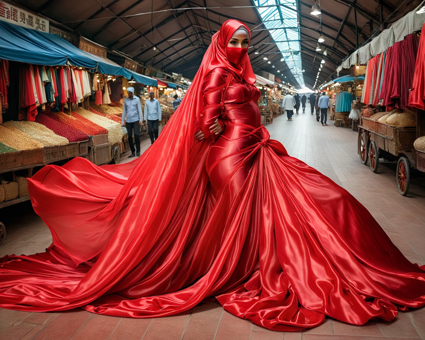 A woman shrouded in a 9-meter-long, plush red satin cloth, tightly bound and grandly draping along the form of her body, flowing off into a pooled floor-length train, styled in a mermaid-inspired outfit with ballon sleeve, her head modestly veiled in a satin hijab, tall woman, walk in wet traditional market, a full-body pose conveying a sense of elegance, captured in a 4k resolution, ultra-realistic