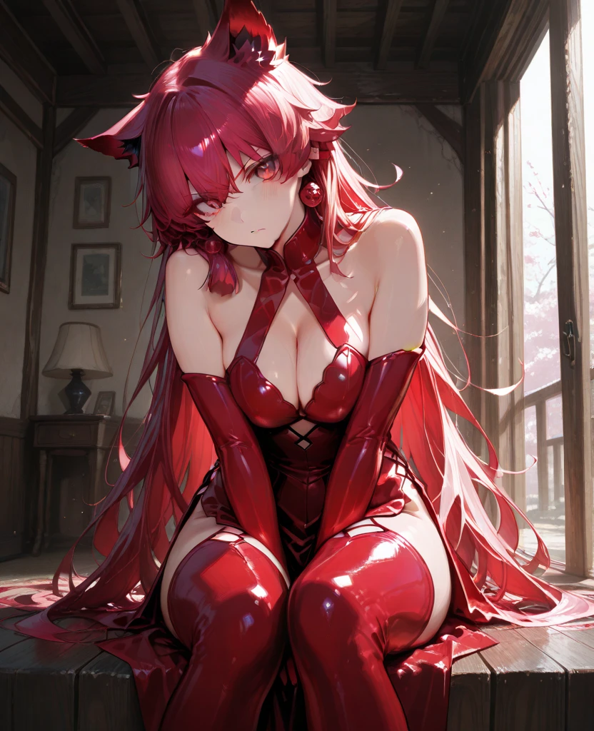 1girl, two red long ponytails, red eyes, vampire queen, wearing a sexy red and black dress, ultrasharp, 8k, looking at the viewer