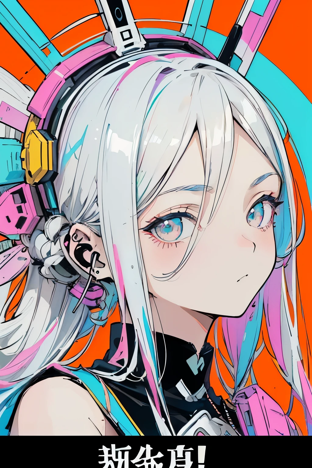 score_9, score_8_up, score_7_up, score_6_up, <lora:MikaPikaZoXL_P6_lokr_V42310:0.95> 1girl, solo, headphones around neck, headphones, long hair, hair ornament, portrait, lightning bolt symbol, hairclip, parted lips, halftone, hair between eyes, looking at viewer, lightning bolt hair ornament, white hair, bare shoulders, red background, from side, body writing, profile, blue eyes, star \(symbol\), teeth