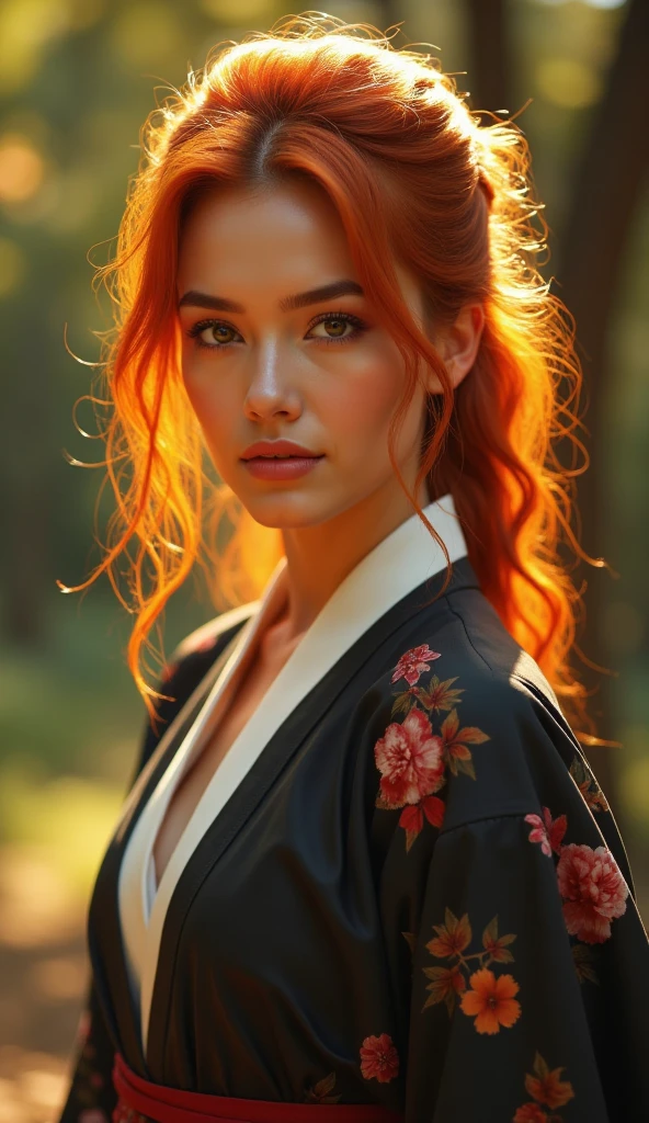 A sexy, sensual, erotic, small-breasted, young woman with striking red hair and a deep, captivating gaze, looking directly into the camera. She is adorned in a unique combination of plunging Buddhist robes, samurai armor and futuristic robotic elements. The primary colors of their clothing are orange and blue, carefully selected for their complementary nature, ensuring a harmonious and balanced aesthetic.