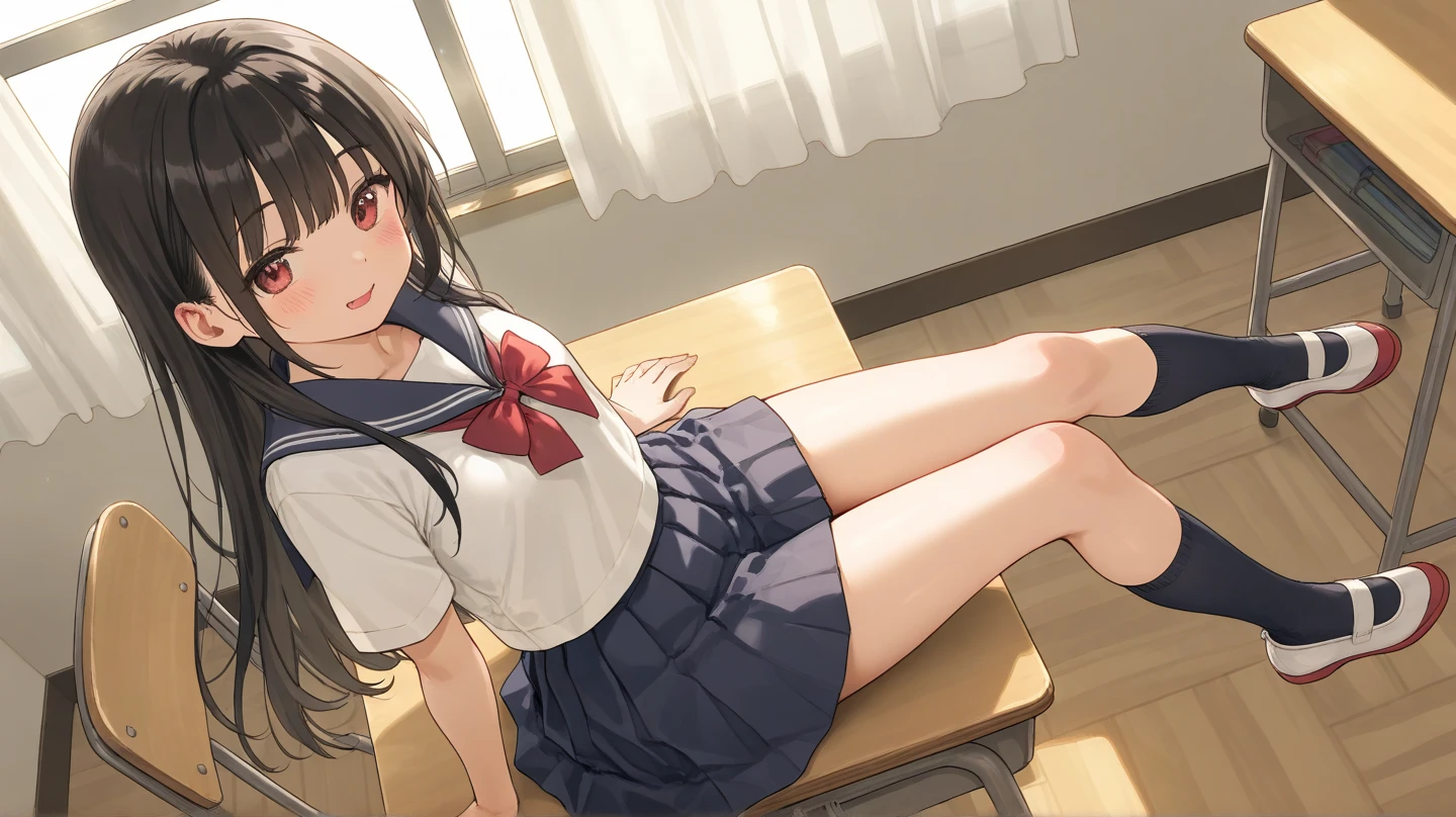 Girl with long brown hair、Japanese Junior High School Student、cute、Sitting at a desk、Sweaty all over、Place your arms behind your head、Open your mouth、Dripping saliva、Drooping tongue、Brown eyes、Short-sleeved uniforms that reveal armpits、Sweating aside、Large Breasts、Short skirt、Dirty pussy、Pubic hair growing、Steamy、Show the soles of your feet、White socks、Steamy足