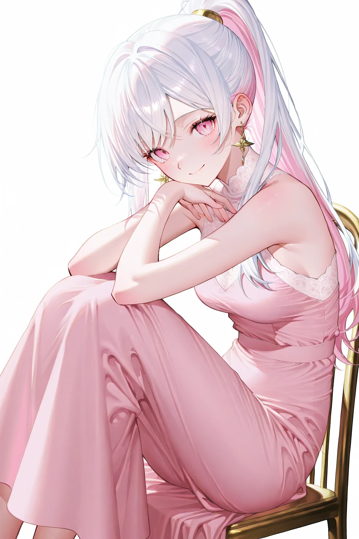 Woman with white hair, pink eyes, princess, sitting, smiling, beautiful, detailed face