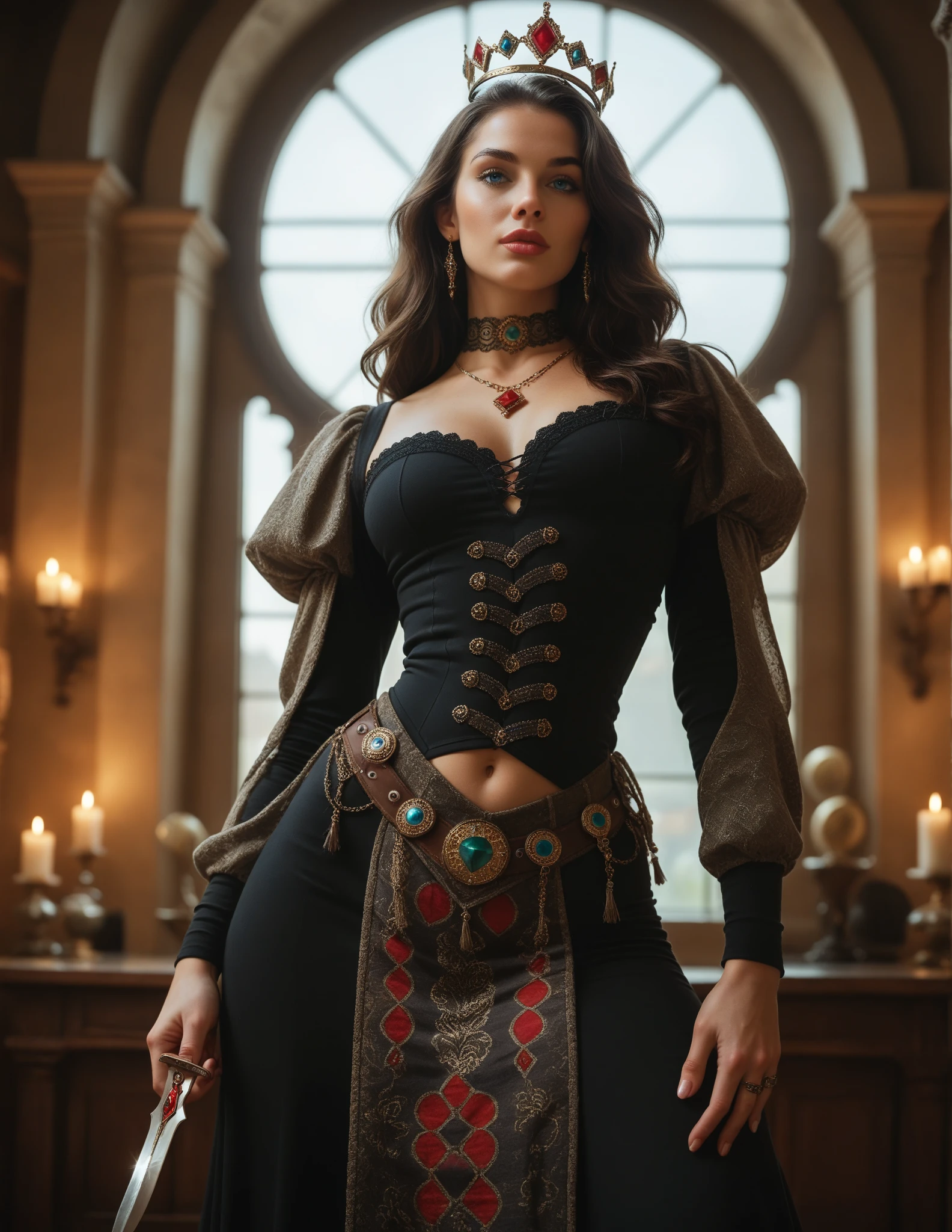 A tall, stately female knight with curly, wavy hair and her squire, medieval, castle in the background, tentacles writhing with their tentacles everywhere, trying to sneak under the woman's skirt, (best quality, 4k, 8k, highres, masterpiece:1.2), ultra-detailed, (realistic, photorealistic, photo-realistic:1.37), HDR, UHD, studio lighting, ultra-fine painting, sharp focus, physically-based rendering, extreme detail description, professional, vivid colors, bokeh, fantasy, dark fantasy, gothic, cinematic lighting, dramatic, epic, intricate details