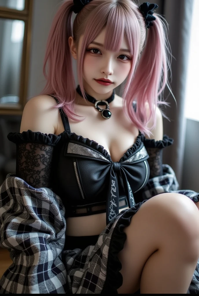 (photorealistic:1.6),(High resolution:1.6),(solo, one girl:1.5),(cute girl),(Japanese:1.3),(light pink haircolor:1.3),(pigtails hairstyle:1.1),chuuChloe,(Bangs Bangs:1.3),(glimpse panties:1.3),(Lifted Skirt:1.4),(showing panties:1.4),(Necklace:1.2),(Sheer pink panties:1.5),(graffiti on wall:1.3),(Black pleats skirt),(Frill lace black blouse:1.4),(Black blouse:1.5),(Color tights),(Tokyo),(pink ribbon),(kind smile:1.3),(Heavy eye makeup:1.1),(Gothic fashion:1.3),(Pussy line:1.3)